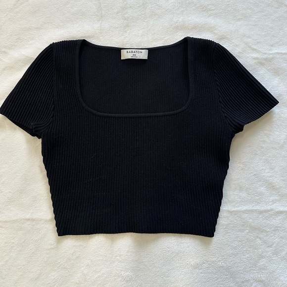 Babaton Tops - Aritzia Babaton Sculpt Knit Crop Top Womens Sz 2XS Black Ribbed Square Neck